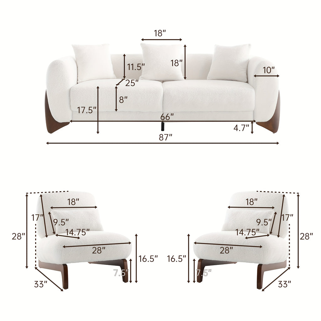 Morden Fort 3pcs Cloud Couch Set, Modern Boucle Sofa Set with Crescent Wood Legs, Light Beige-Friendly Minimalist Upholyster Comfy Couch Sofa for Living Room, 3-Seater And 2 Chairs, Off White\u002FGreen\u002FMix
