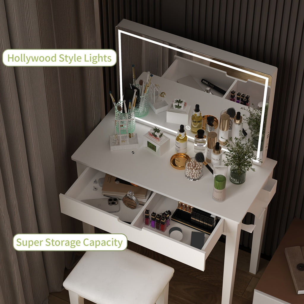 1pc Contemporary White Wooden Vanity Desk Set with Dimmable LED Mirror, 1 Drawer Storage, and Stool - Freestanding Makeup Dressing Table for Bedroom, US Plug, 110V-240V