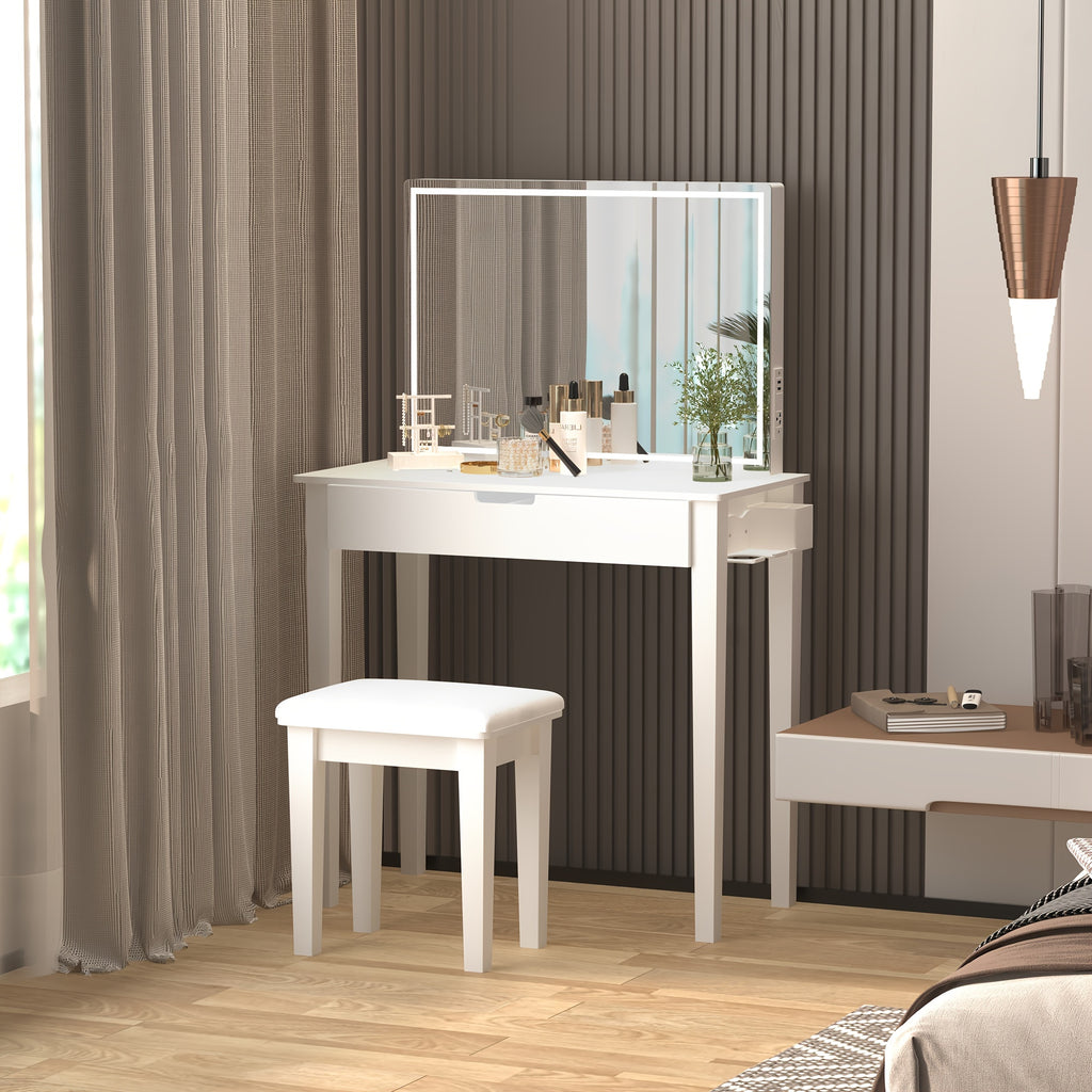 1pc Contemporary White Wooden Vanity Desk Set with Dimmable LED Mirror, 1 Drawer Storage, and Stool - Freestanding Makeup Dressing Table for Bedroom, US Plug, 110V-240V