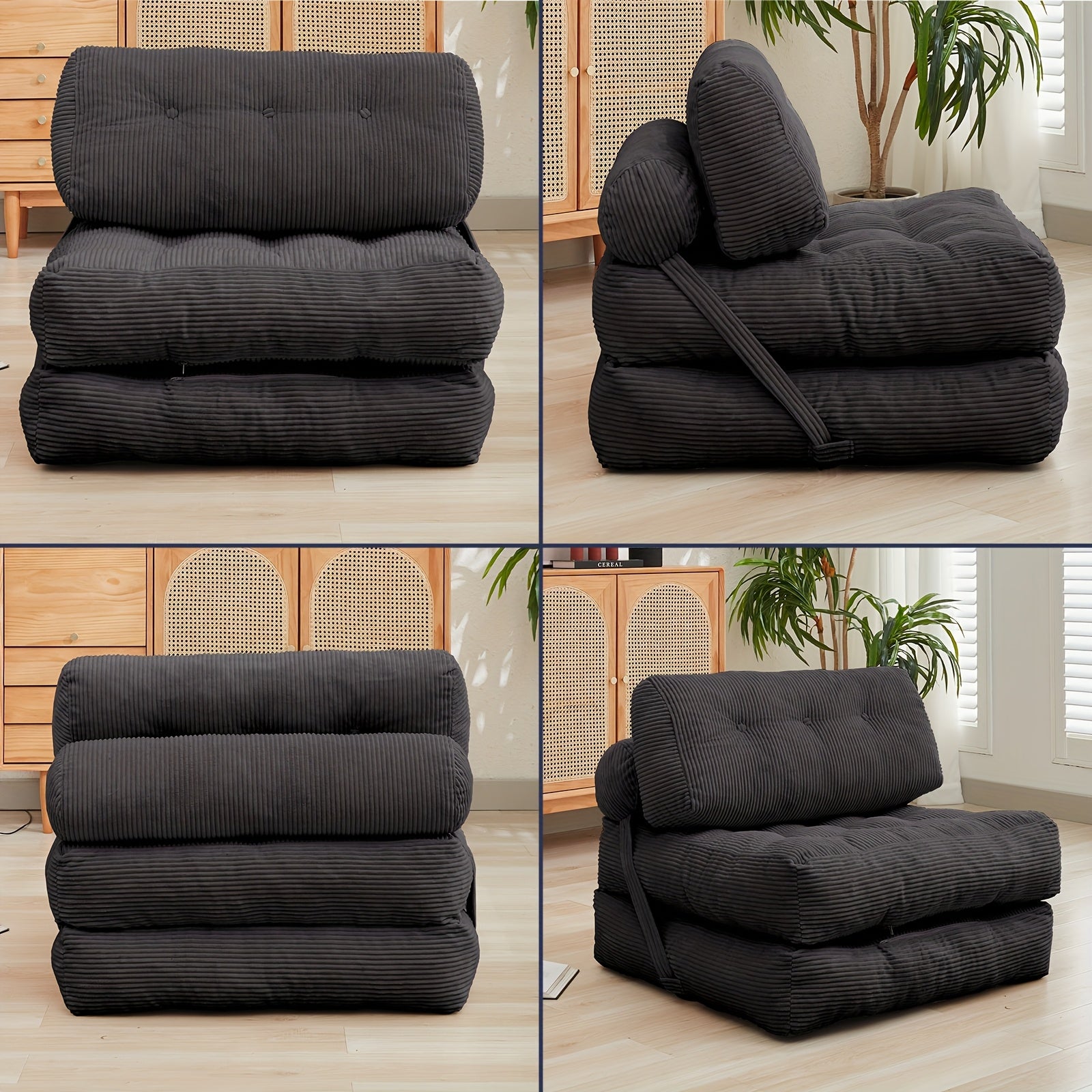 Folding Sofa Bed With Back Support, Convertible Floor Sleeper Sofa Lounge Chair With Pillow Foldable Mattress, Floor Couch For Adults Chair Bed For Living Room Bedroom, No Assembly - Dark Grey