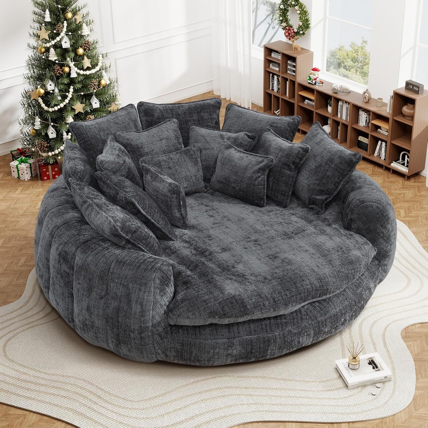 82'' Oversized Upholstered Sofa Bed, Round Chaise Lounge Chair Indoor, Modern Chenille Boneless Couch, No Assembly Required, Plush Sleeper Chair with 14 Pillows for Living Room