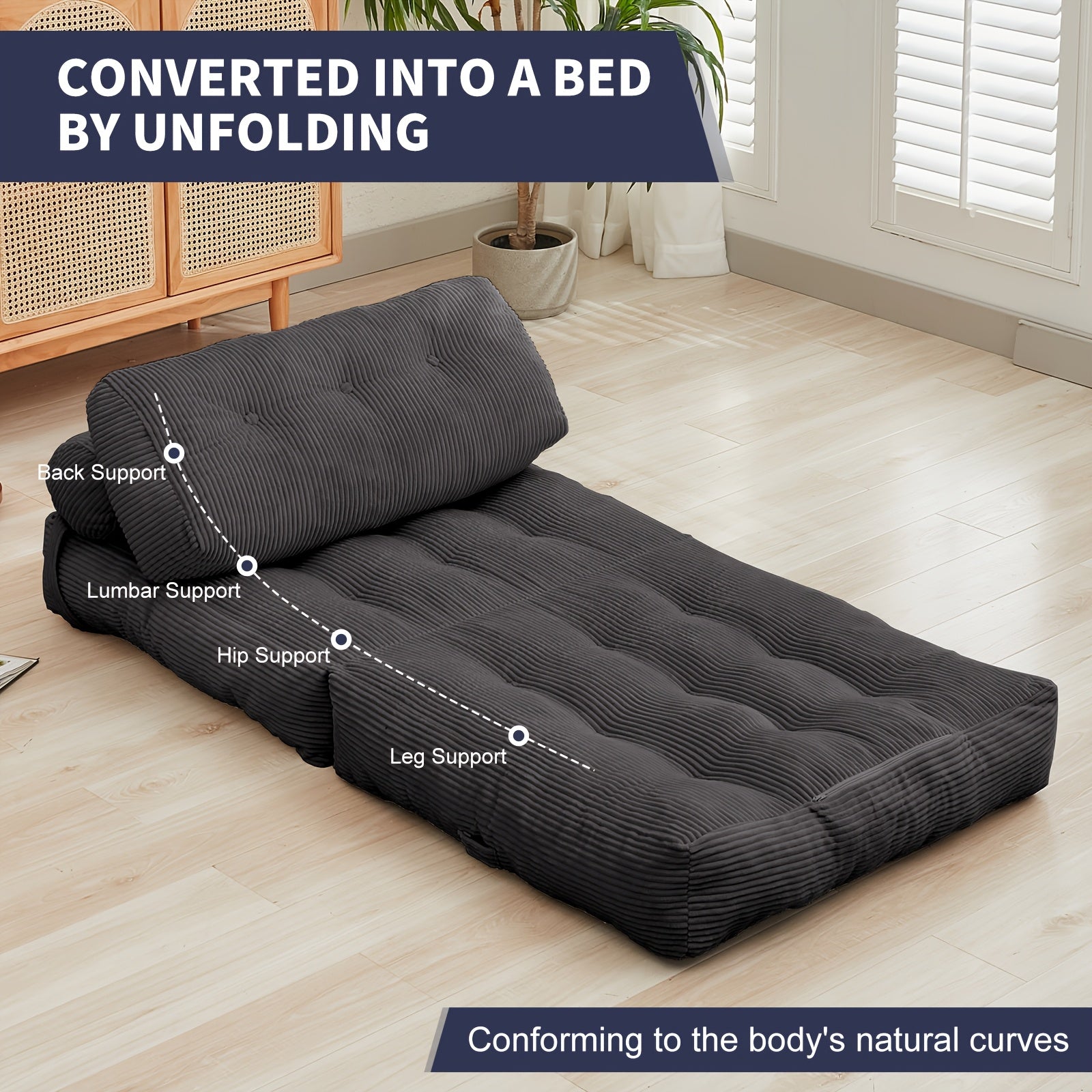 Folding Sofa Bed With Back Support, Convertible Floor Sleeper Sofa Lounge Chair With Pillow Foldable Mattress, Floor Couch For Adults Chair Bed For Living Room Bedroom, No Assembly - Dark Grey