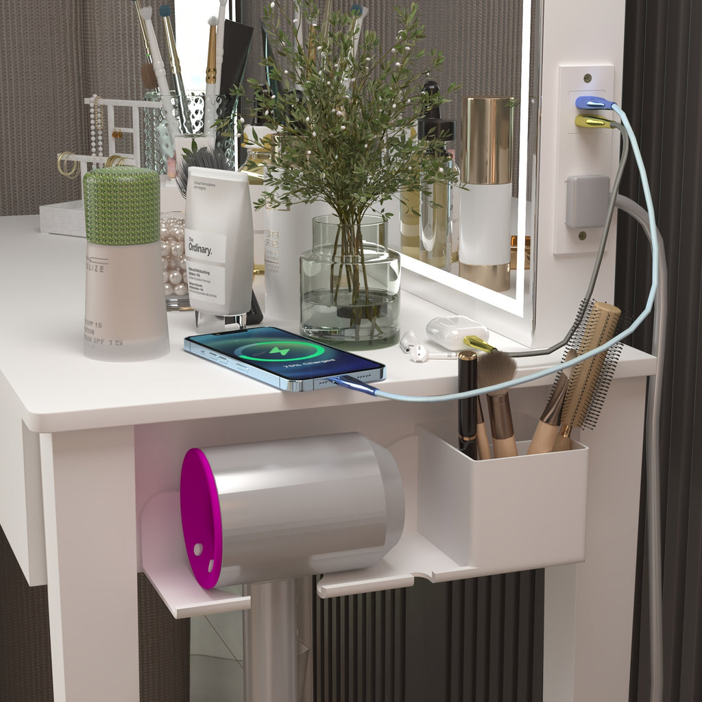 1pc Contemporary White Wooden Vanity Desk Set with Dimmable LED Mirror, 1 Drawer Storage, and Stool - Freestanding Makeup Dressing Table for Bedroom, US Plug, 110V-240V