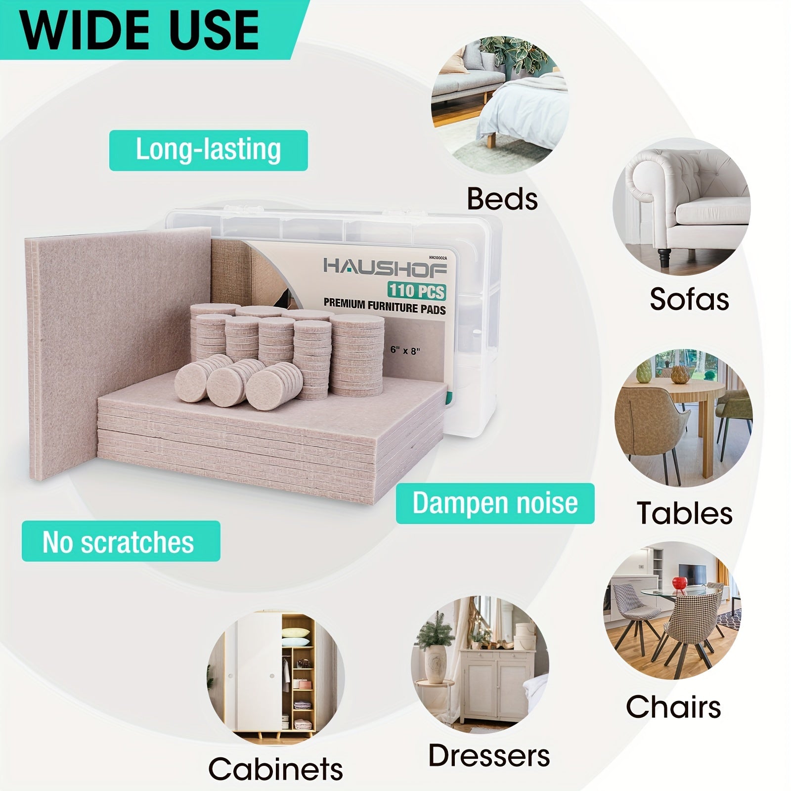 HAUSHOF 110pcs Self-Adhesive Felt Furniture Pads with Storage Box - Anti-Scratch Hardwood Floor Protectors for Chair Legs and Furniture Feet, Includes 10pcs 8\