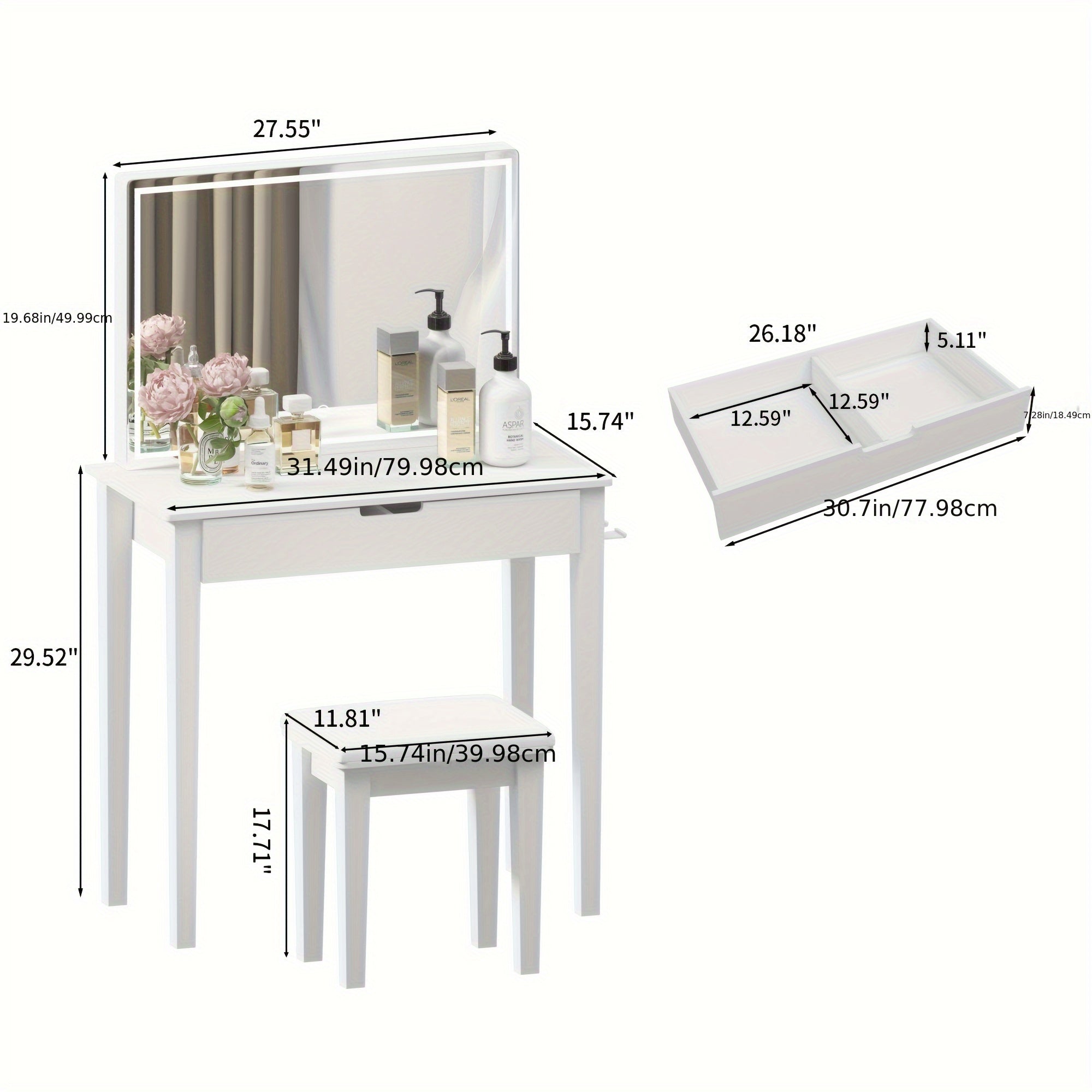 1pc Contemporary White Wooden Vanity Desk Set with Dimmable LED Mirror, 1 Drawer Storage, and Stool - Freestanding Makeup Dressing Table for Bedroom, US Plug, 110V-240V