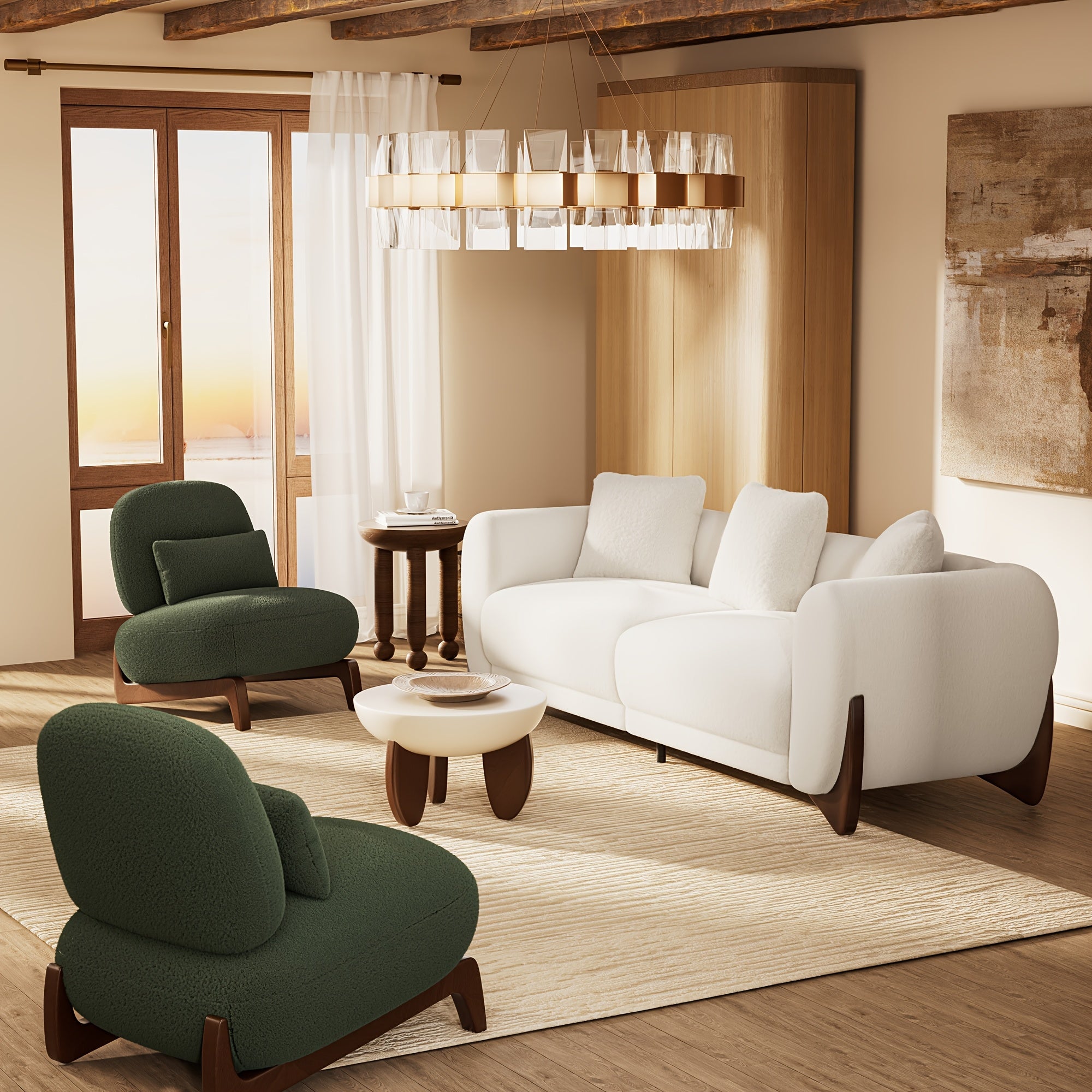 Morden Fort 3pcs Cloud Couch Set, Modern Boucle Sofa Set with Crescent Wood Legs, Light Beige-Friendly Minimalist Upholyster Comfy Couch Sofa for Living Room, 3-Seater And 2 Chairs, Off White\u002FGreen\u002FMix