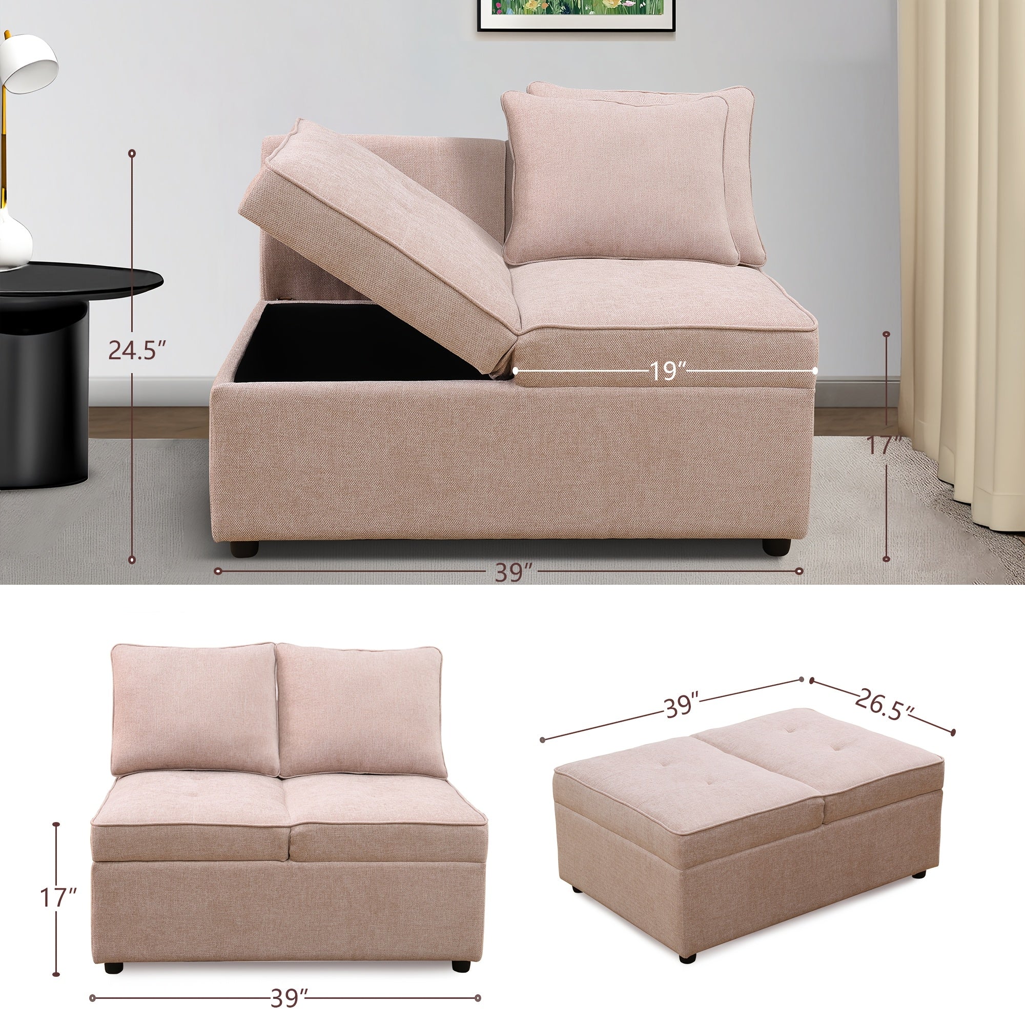 Storage Sofa, Sackcloth Living Room Adjustable Sofa, Wedge, Modern Sofa With Storage, Compact Futon For Small Spaces, Dorm, Guest Room