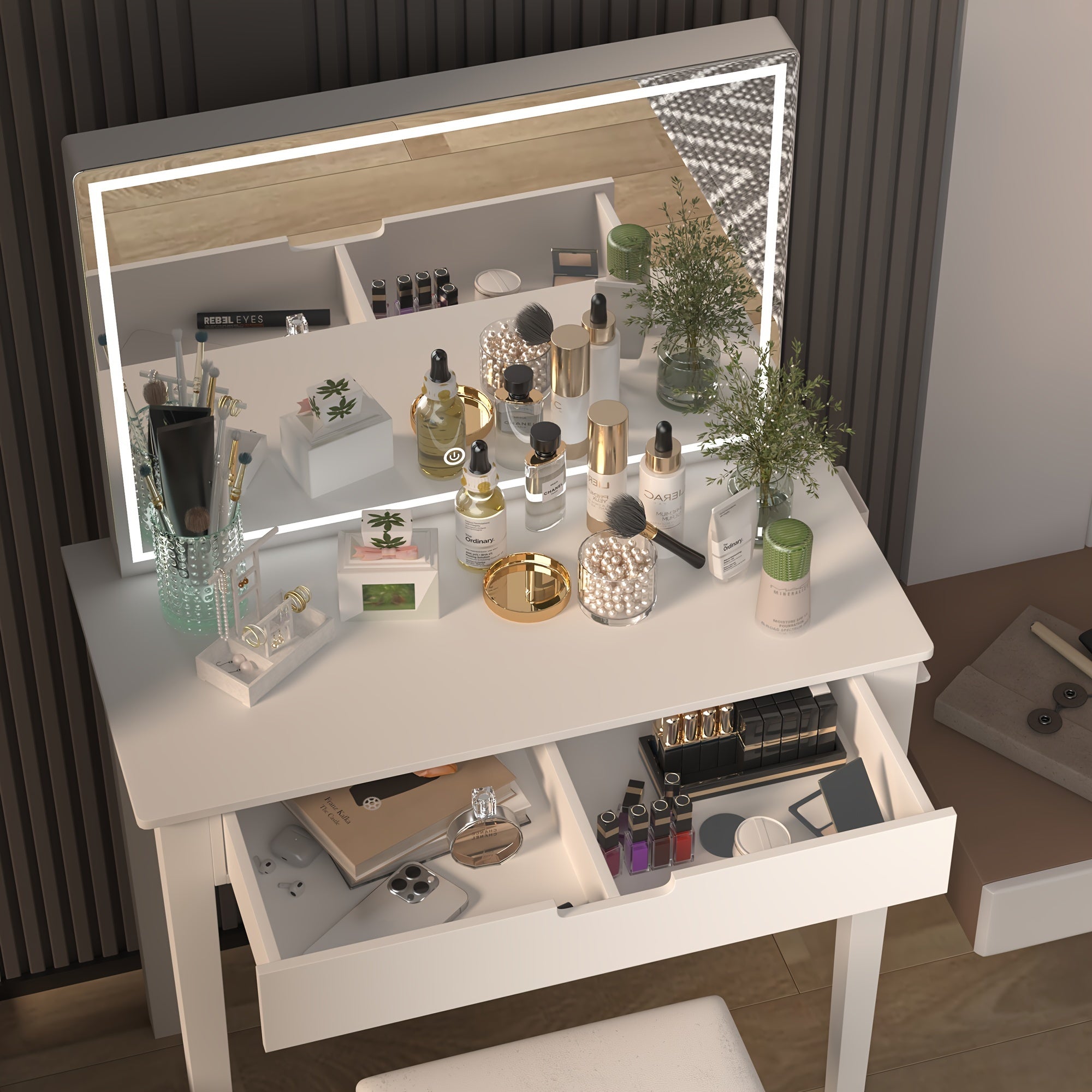 1pc Contemporary White Wooden Vanity Desk Set with Dimmable LED Mirror, 1 Drawer Storage, and Stool - Freestanding Makeup Dressing Table for Bedroom, US Plug, 110V-240V