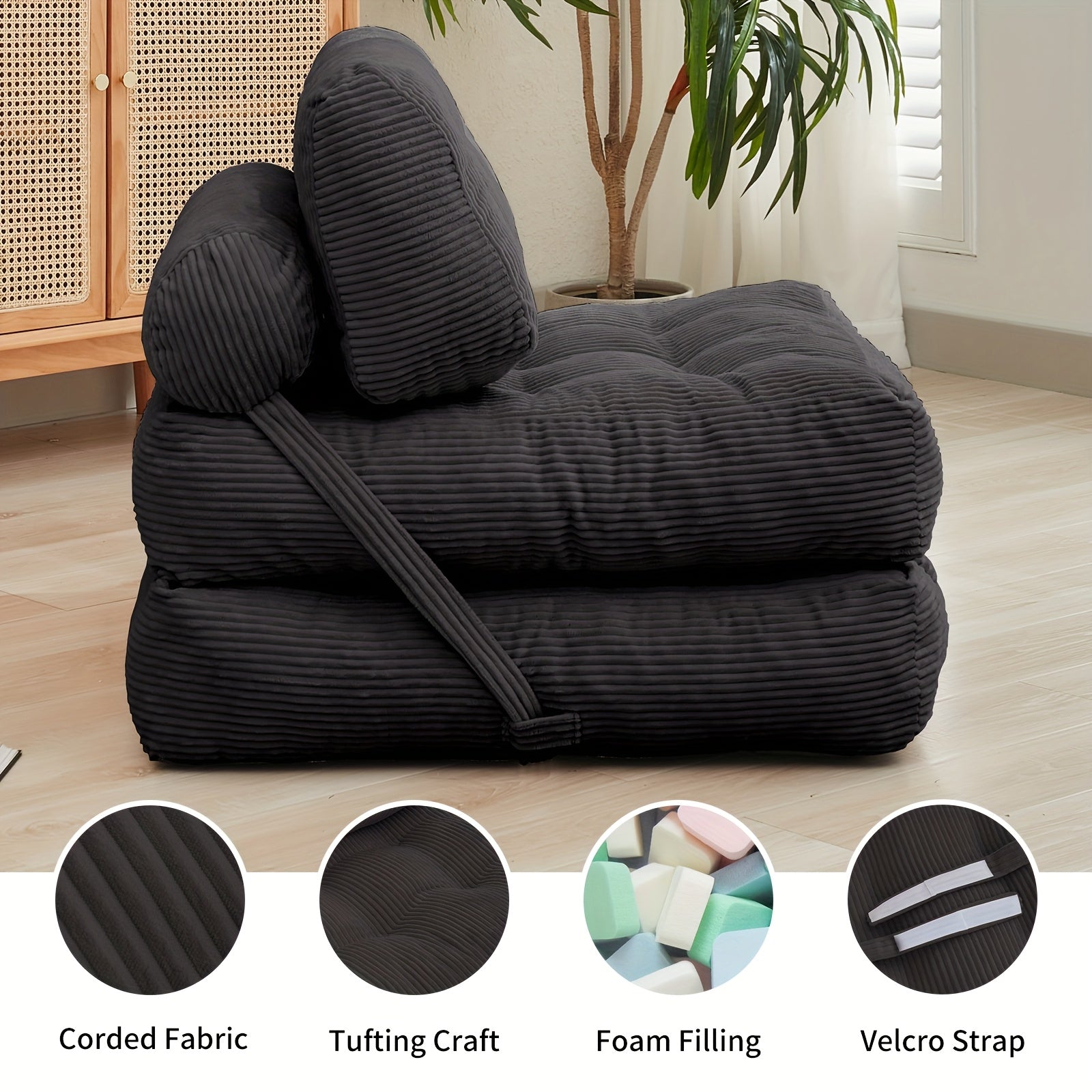Folding Sofa Bed With Back Support, Convertible Floor Sleeper Sofa Lounge Chair With Pillow Foldable Mattress, Floor Couch For Adults Chair Bed For Living Room Bedroom, No Assembly - Dark Grey