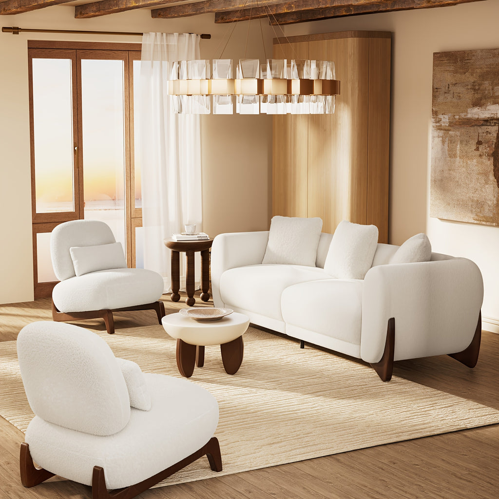 Morden Fort 3pcs Cloud Couch Set, Modern Boucle Sofa Set with Crescent Wood Legs, Light Beige-Friendly Minimalist Upholyster Comfy Couch Sofa for Living Room, 3-Seater And 2 Chairs, Off White\u002FGreen\u002FMix