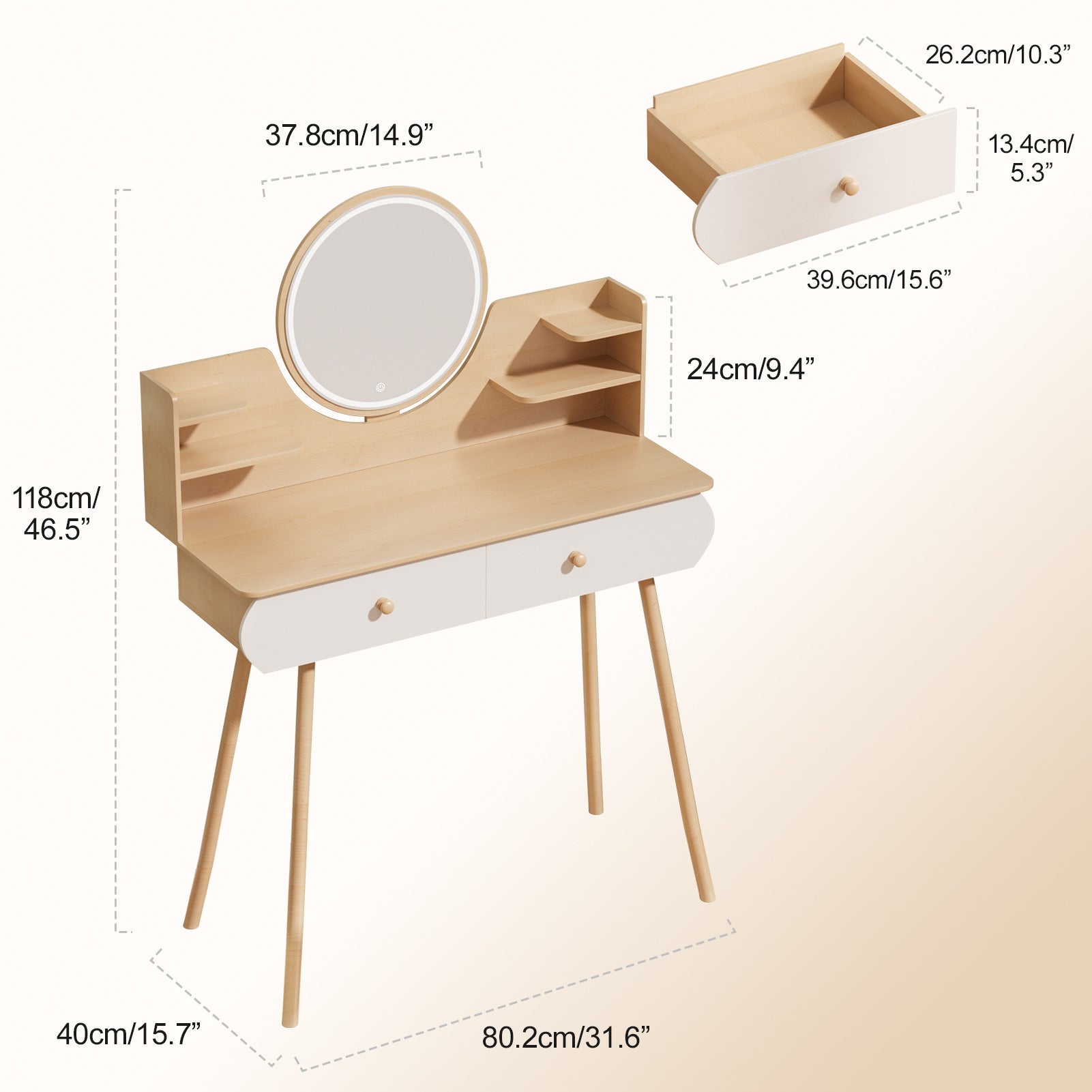 1 x Nordic style storage desk with mirror, 2 drawers, open storage rack, spacious tabletop