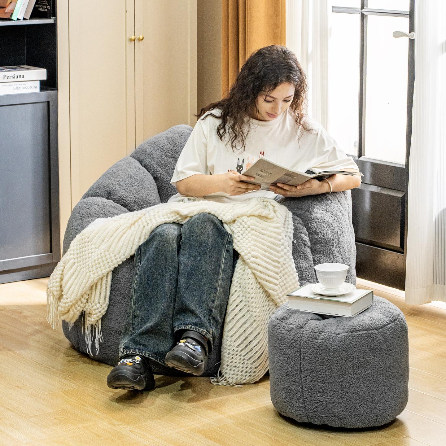 Bean Bag Chair, Faux Fur Bean Bag Chairs with Filler, Comfy Cozy Bean Bag Chair with Low Back Support and Petal Armrest, Fluffy Bean Bag Chair with Structure Petal for Small Space, Bedroom, Living Room