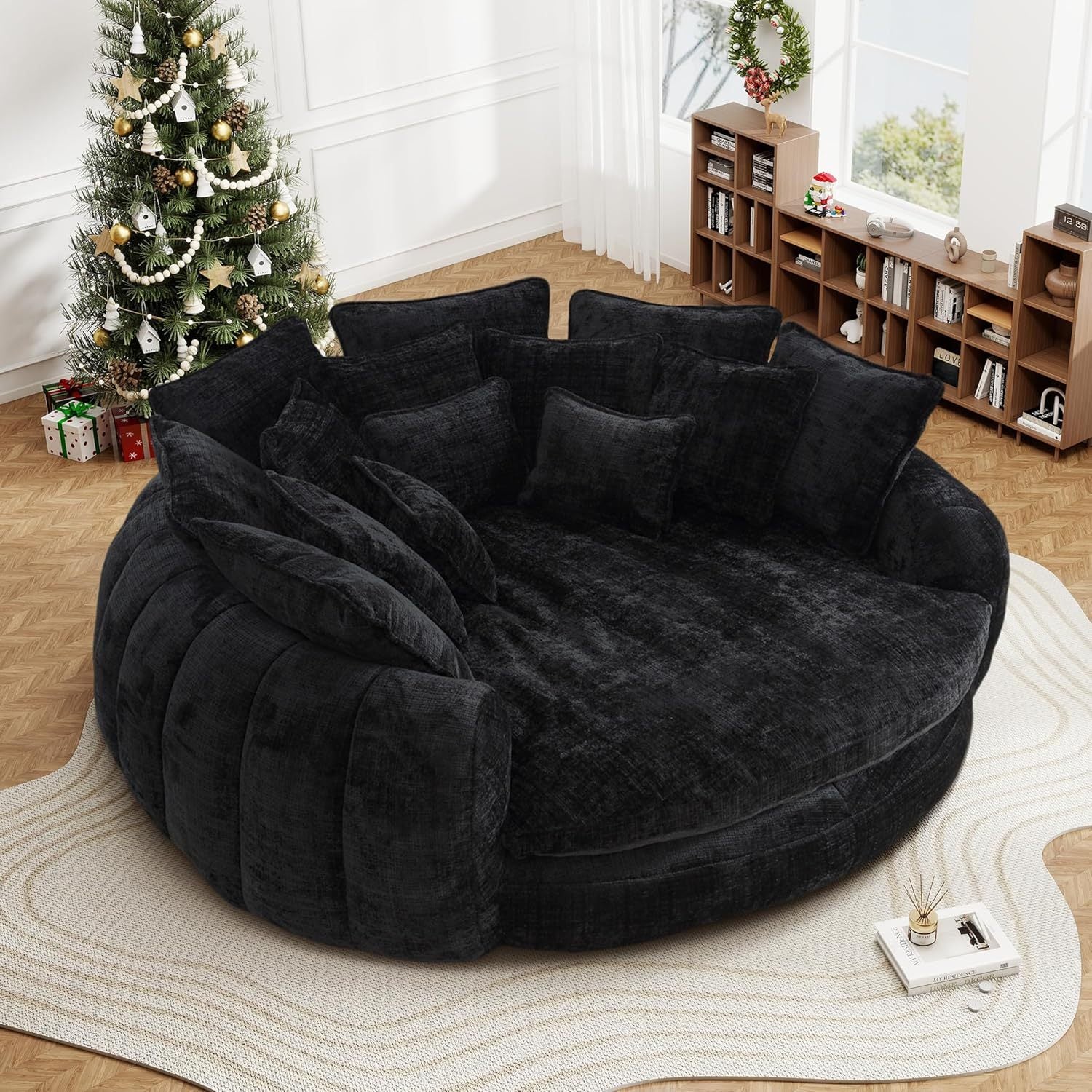 82'' Oversized Upholstered Sofa Bed, Round Chaise Lounge Chair Indoor, Modern Chenille Boneless Couch, No Assembly Required, Plush Sleeper Chair with 14 Pillows for Living Room