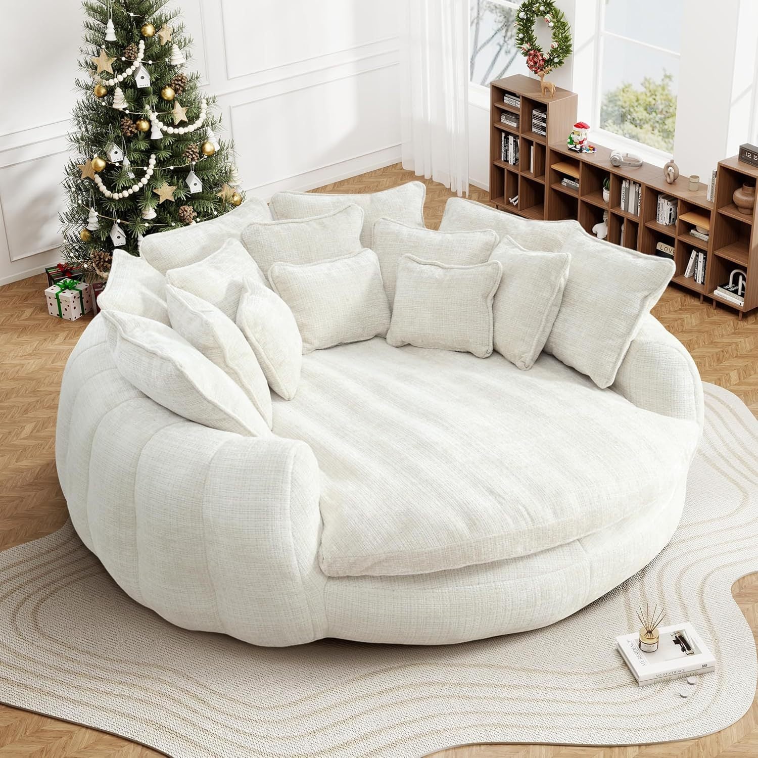 82'' Oversized Upholstered Sofa Bed, Round Chaise Lounge Chair Indoor, Modern Chenille Boneless Couch, No Assembly Required, Plush Sleeper Chair with 14 Pillows for Living Room